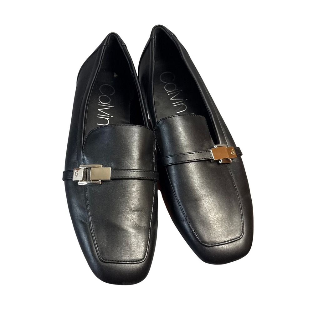 Calvin Klein Mens Black Leather Square Toe Loafers Silver CK Buckle Size 9M